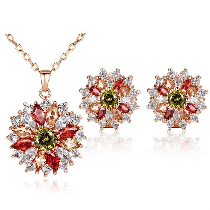 Morenitor[TM]Jewelry Set 18K Gold Plated CZ Cubic Zirconia Multi Color Flower Pendant Necklace Stud Earring Matching... N12