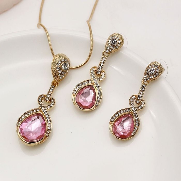 Elegant Pink Crystal Waterdrop Pendant Necklace&Earrings Party Gold Jewelry Set