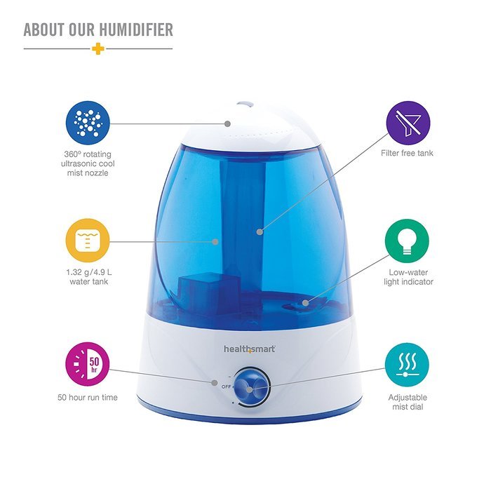 HealthSmart Cosmo Mist Cool Mist Ultrasonic Humidifier, Whisper Quiet, Runs 50 Hours, Filter Free, Blue N4