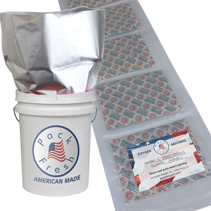 PackFreshUSA Mylar Bags with 2000CC Oxygen Absorbers Individually Sealed, 5 gallon, 12 Count N2