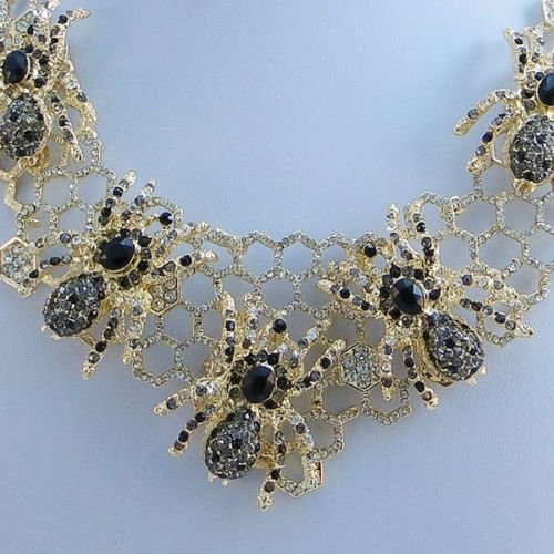 Halloween Insect 5 Spider Necklace Earrings Set Black Rhinestone Crystal Gold