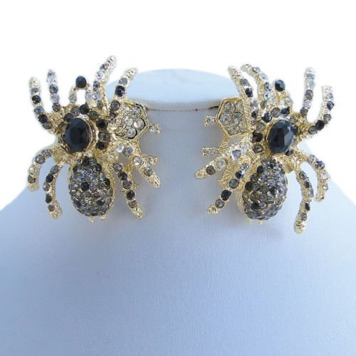 Halloween Insect 5 Spider Necklace Earrings Set Black Rhinestone Crystal Gold N2