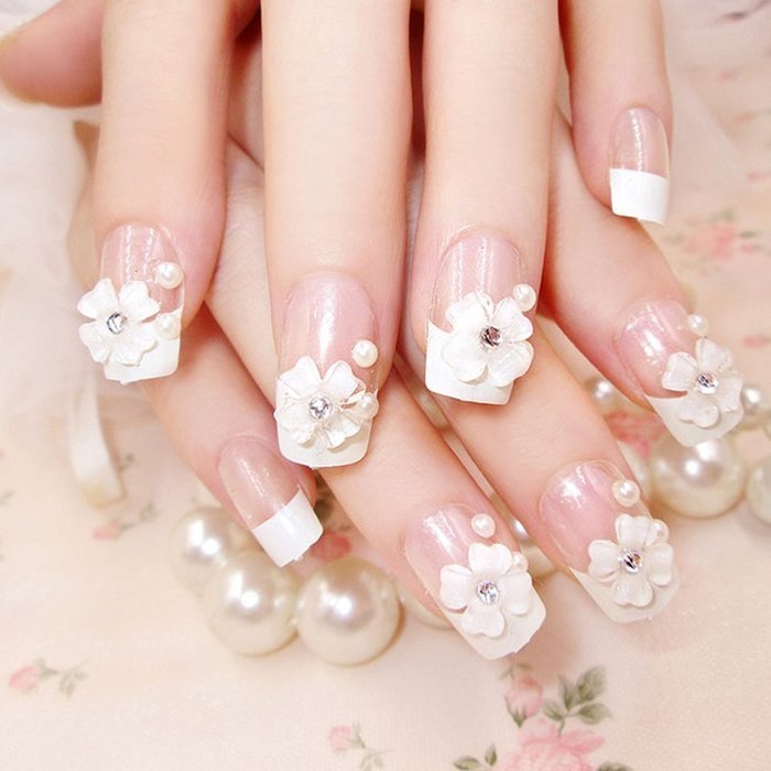 Spritech(TM) 24 Pre Design Elegant Flower Bling Rhinestone Fake Nail Piece for Bride Salon Laday Daily Use N31