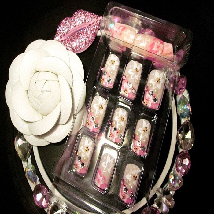 Spritech(TM) 24 Pre Design Elegant Flower Bling Rhinestone Fake Nail Piece for Bride Salon Laday Daily Use N34
