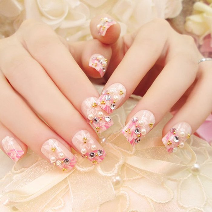 Spritech(TM) 24 Pre Design Elegant Flower Bling Rhinestone Fake Nail Piece for Bride Salon Laday Daily Use N35