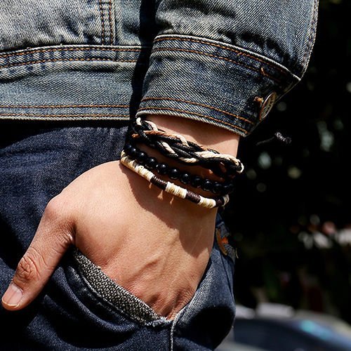 Men's 3Pcs Punk Style Bracelet Wood Beads Knitted Leather Wax Rope Cuff Popular