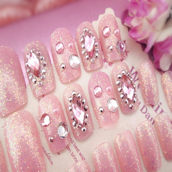 Spritech(TM) 24 Pre Design Elegant Flower Bling Rhinestone Fake Nail Piece for Bride Salon Laday Daily Use N38
