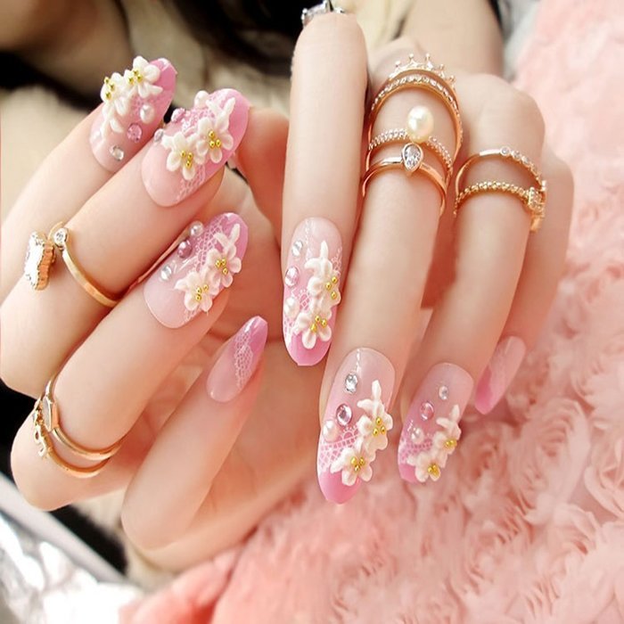 Spritech(TM) 24 Pre Design Elegant Flower Bling Rhinestone Fake Nail Piece for Bride Salon Laday Daily Use N39