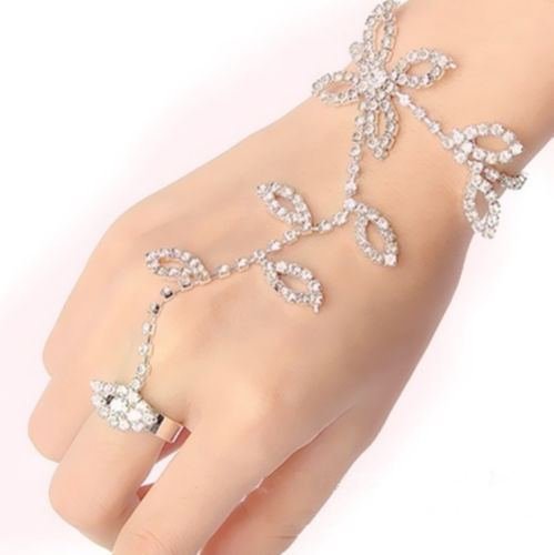 Crystal Rhinestone Leaf Hand Harness Bracelet Slave Chain Link Foot Finger Ring