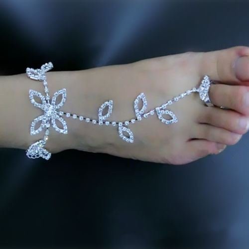 Crystal Rhinestone Leaf Hand Harness Bracelet Slave Chain Link Foot Finger Ring N2