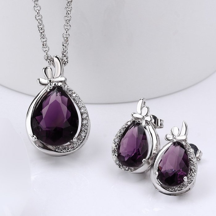 Yaheeda Water droplets-Shaped Silver Chain Purple Cubic Zirconia Platinum Plated Wedding Necklace Earrings Set... N2