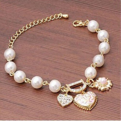 Hot Sale Women Girl Gold Metal Heart Pearl Charm Chain Bracelet Jewelry Gift N4
