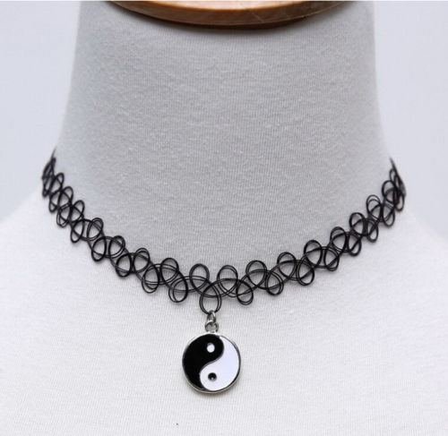 Black Tattoo Choker Stretch Henna Vintage Elastic Necklace with Yin Yang Charm N2