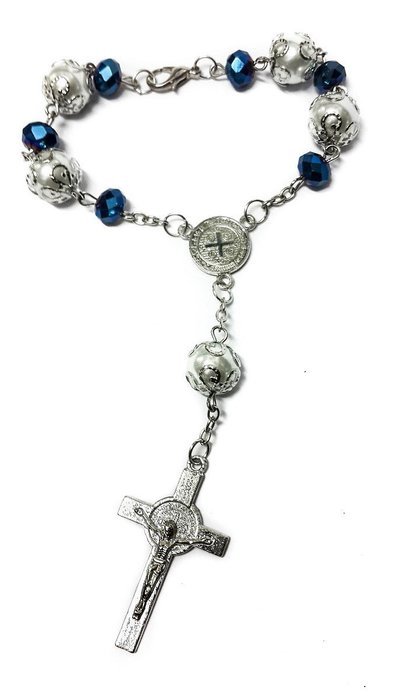 Saint Benedict Deep Blue Beads Car Rearview Rosary Catholic NR Medal Jerusalem N4