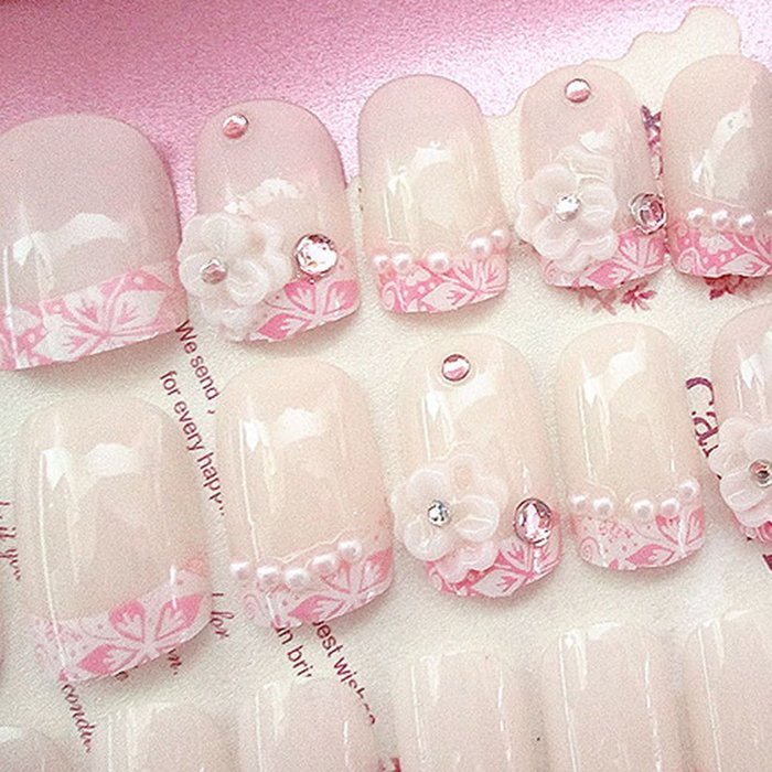 Spritech(TM) 24 Pre Design Elegant Flower Bling Rhinestone Fake Nail Piece for Bride Salon Laday Daily Use N41