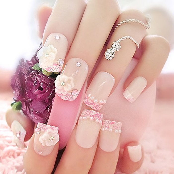 Spritech(TM) 24 Pre Design Elegant Flower Bling Rhinestone Fake Nail Piece for Bride Salon Laday Daily Use N42