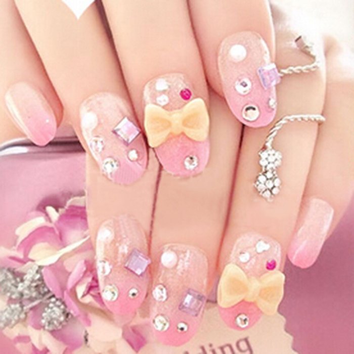 Spritech(TM) 24 Pre Design Elegant Flower Bling Rhinestone Fake Nail Piece for Bride Salon Laday Daily Use N45
