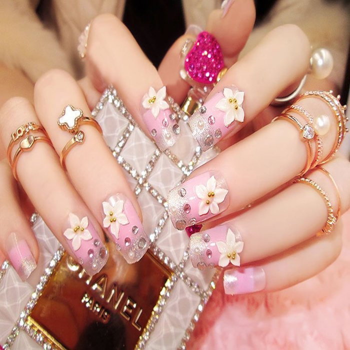 Spritech(TM) 24 Pre Design Elegant Flower Bling Rhinestone Fake Nail Piece for Bride Salon Laday Daily Use N47