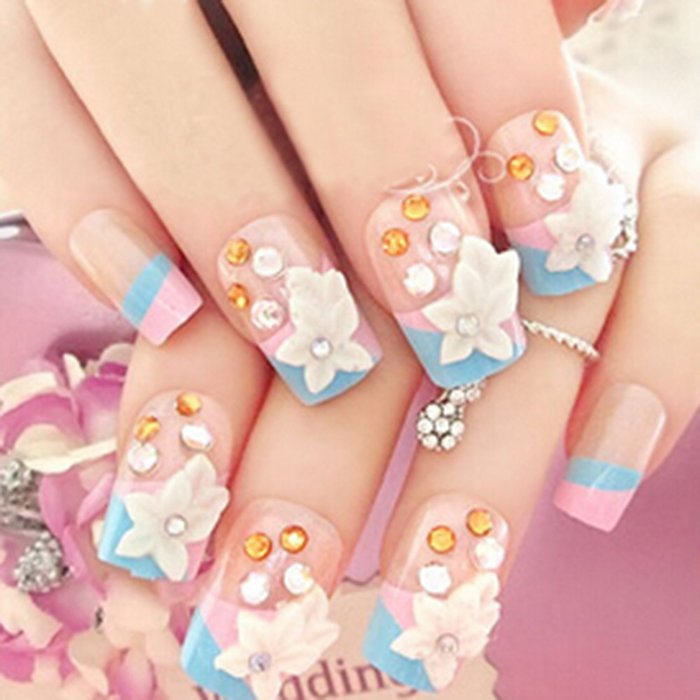 Spritech(TM) 24 Pre Design Elegant Flower Bling Rhinestone Fake Nail Piece for Bride Salon Laday Daily Use N49