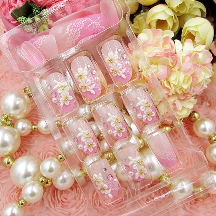 Spritech(TM) 24 Pre Design Elegant Flower Bling Rhinestone Fake Nail Piece for Bride Salon Laday Daily Use N50