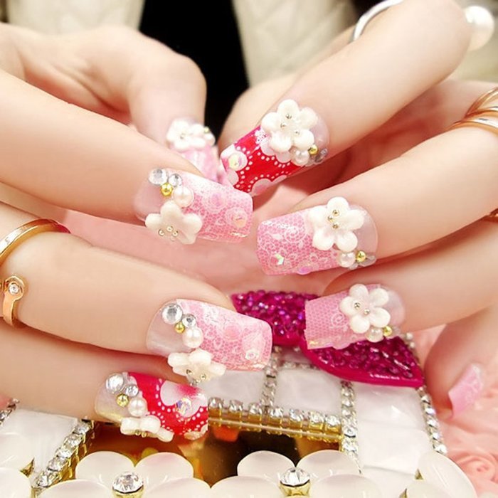 Spritech(TM) 24 Pre Design Elegant Flower Bling Rhinestone Fake Nail Piece for Bride Salon Laday Daily Use N52