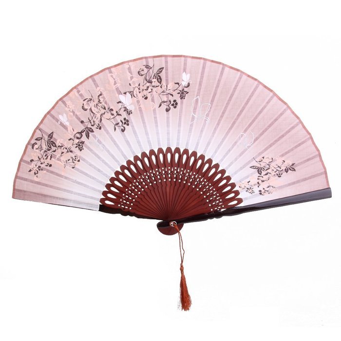 Linen Butterfly Flowers Hand Fan Lacquer Handle Folding Fan Brown N7