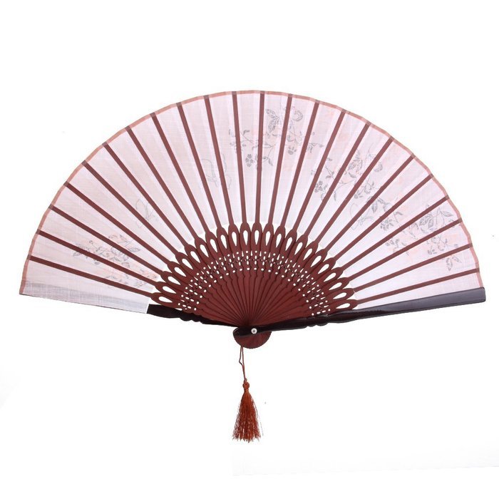 Linen Butterfly Flowers Hand Fan Lacquer Handle Folding Fan Brown N8