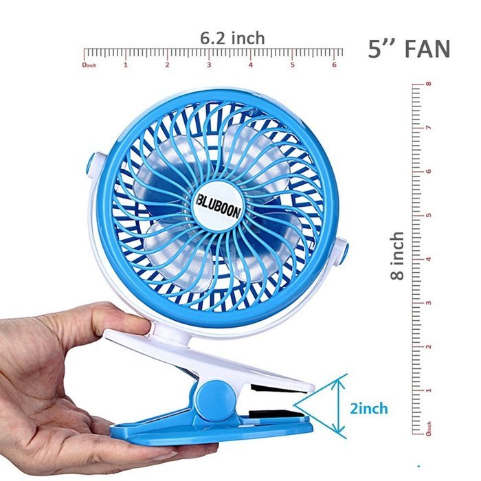 BLUBOON Clip on Fan Battery Operated Fan Portable for Baby Stroller 5" (Blue with Two Battery) N7