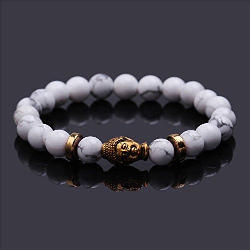 Fashion Men's Natural White Turquoise Stone Bead 8mm Gold Buddha Lucky bracelet N2