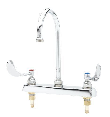 T&S Brass B-1142-04 8-Inch C/C Deck Mount Workboard Faucet with 4-Inch Wrist Action Handles and Swivel Gooseneck...