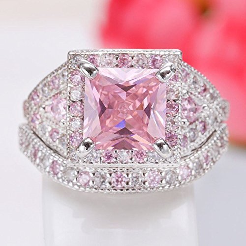 Women Jewelry 925 Silver Princess Cut Pink Gemstone Wedding Ring Set Deluxe New (10) N4
