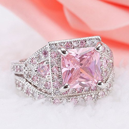 Women Jewelry 925 Silver Princess Cut Pink Gemstone Wedding Ring Set Deluxe New (10) N5