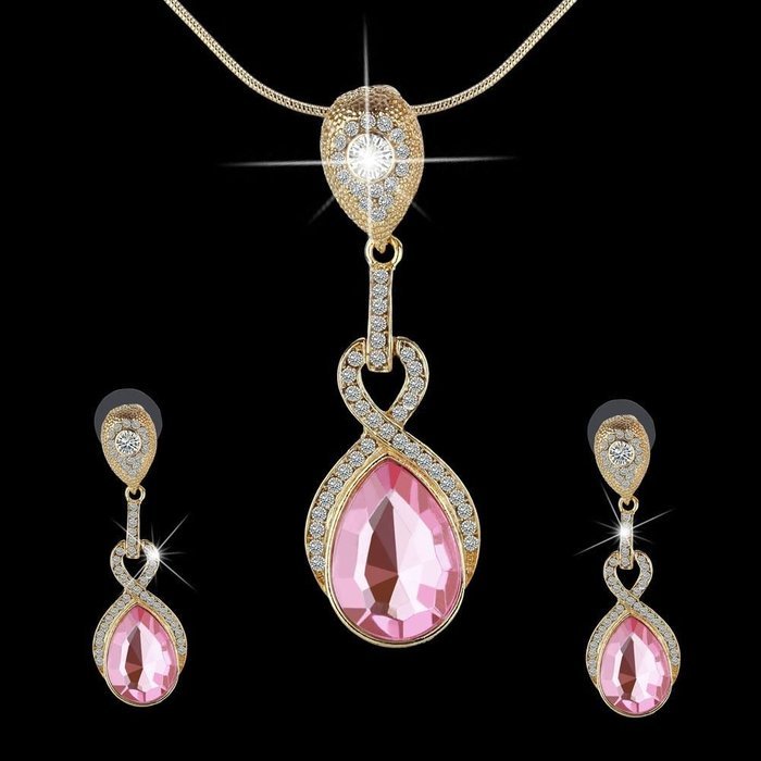 Elegant Pink Crystal Waterdrop Pendant Necklace&Earrings Party Gold Jewelry Set N2