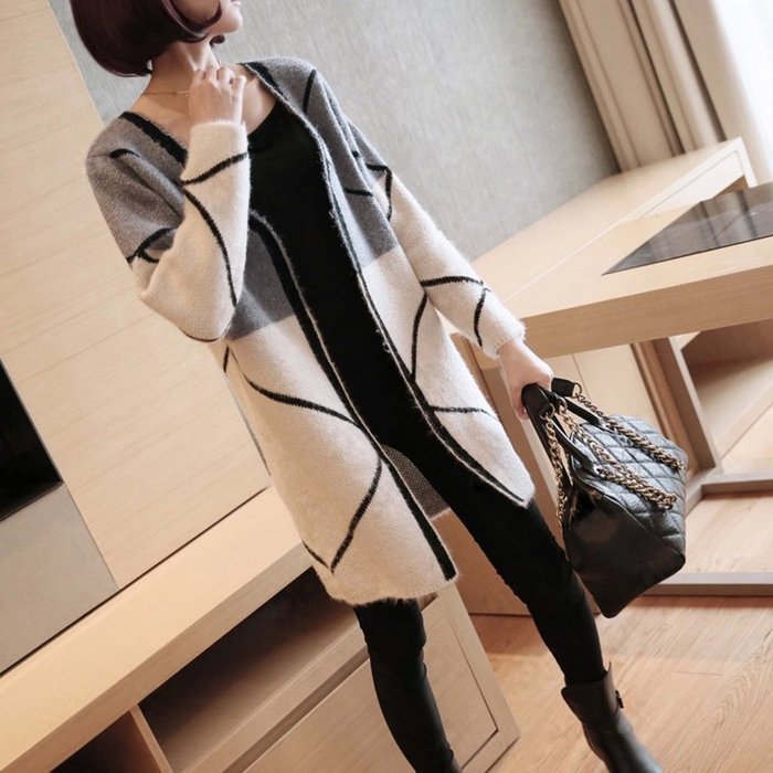 Spritech(TM) Women's Long Sleeve Cloak Cardigan Loose Sweater Knitting Cardigan Coat Gray and White XL N6