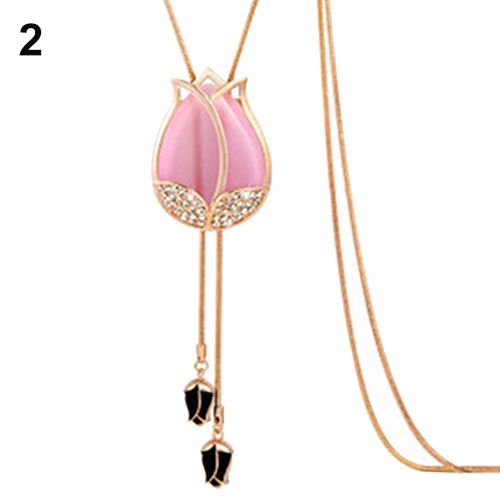 Striking Women's Beauty Tulip Flower Pendant Crystal Rhinestones Long Necklace Pink N2