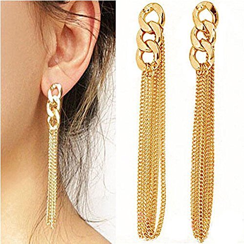 2Pc Elegant Women Gold Tone Tassel Pendant Ear Stud Long Drop Dangle Earrings N3