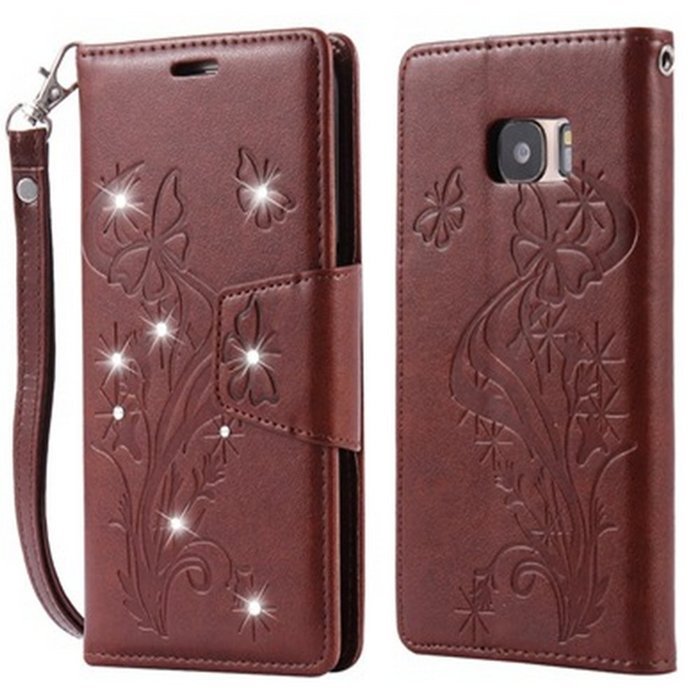 Samsung Galaxy S7 edge Butterfly Flower Wallet Case-Auroralove Pink 3D Beauty Handmade Bling PU Leather Luxury... N4