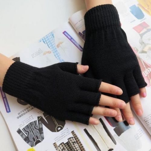 Black Warm Half Finger Knitted Stretch Elastic Men Fingerless Gloves for Winter N4