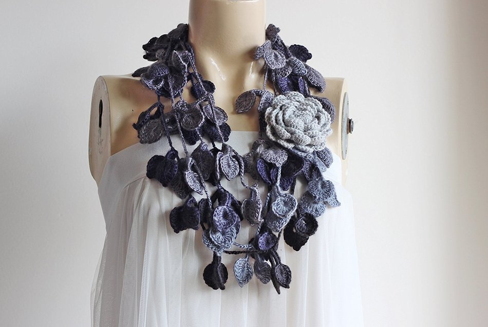 Grey Rose Scarf-leaves Necklace Scarf-necklace Lariat Scarf-shades of Grey Scarf-vegan Scarf N4