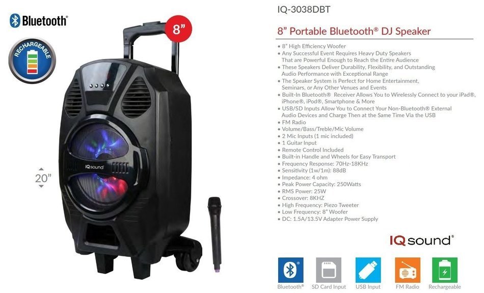 SuperSonic IQsound Wireless Bluetooth Portable DJ Speaker System, 8-Inch High Efficiency Woofer with LED Lights