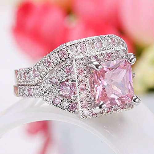 Women Jewelry 925 Silver Princess Cut Pink Gemstone Wedding Ring Set Deluxe New (10) N6