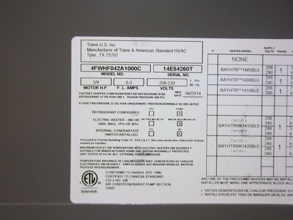 AMERICAN STANDARD New Central Air Conditioner Air Handler 4FWHF042A1000C ACC-7094 N2