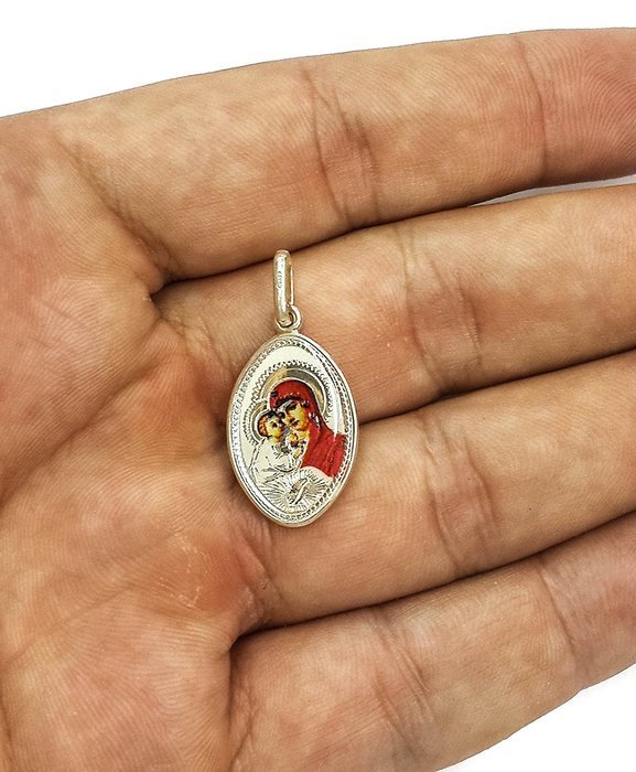 Two Sided Pendant Silver 925 Virgin Mary and Jesus Christ Jerusalem Amulet 1.1" N2