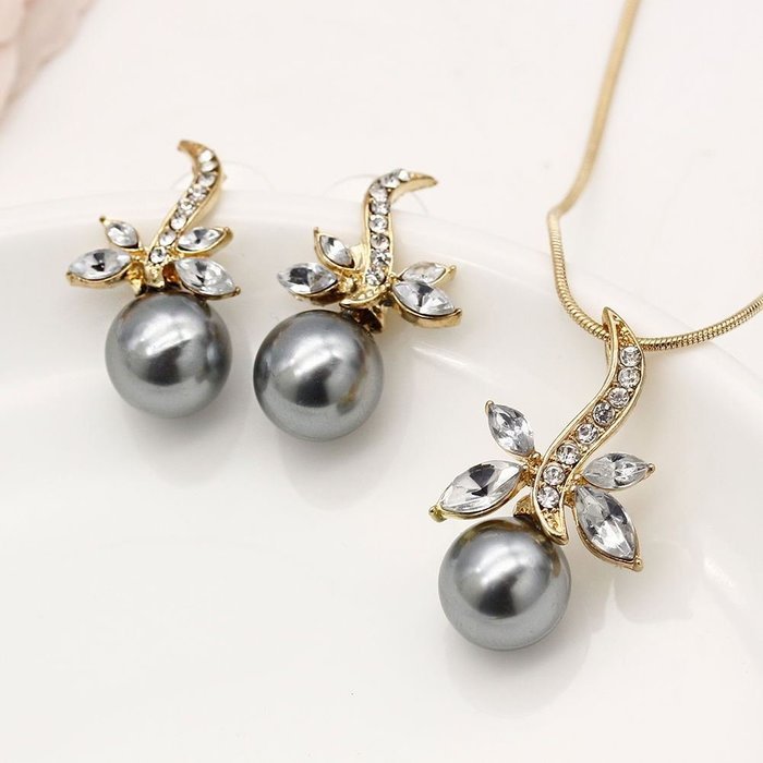 Rhinestone Dragonfly Gray Pearl Jewelry Set Necklace Earring Stylish Women Gold