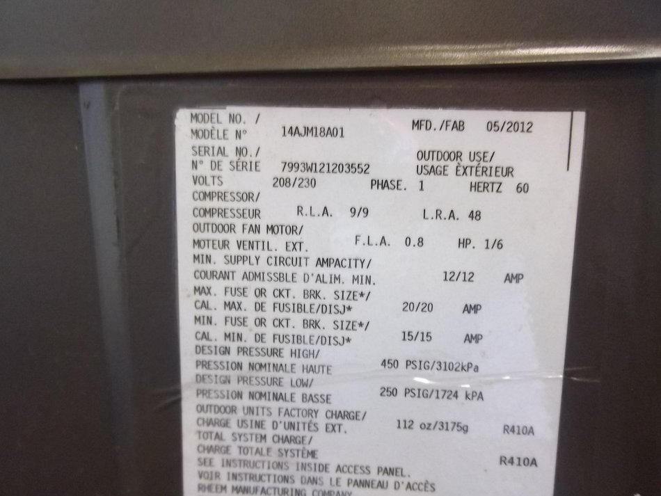 RHEEM New AC Condenser 14AJM18A01 ACC-6788 N2