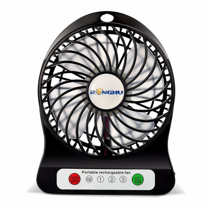 Mini 3-Speed Portable Rechargeable 1800mAh Lithium Battery Powered Desk Travel Fan - Black