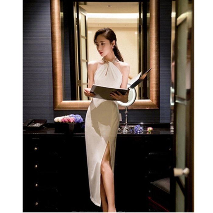 EVTECH(TM) Summer women's Slim Sleeveless Twisted Front Halter Top Strapless Ladies Long dress - White/L N4