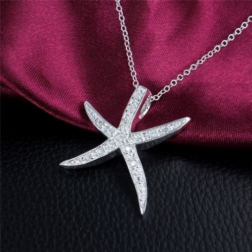 New Women's Silver Starfish Rhinestone Necklace Pendant LF N3