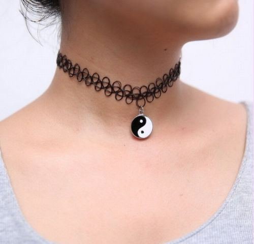 Black Tattoo Choker Stretch Henna Vintage Elastic Necklace with Yin Yang Charm N4