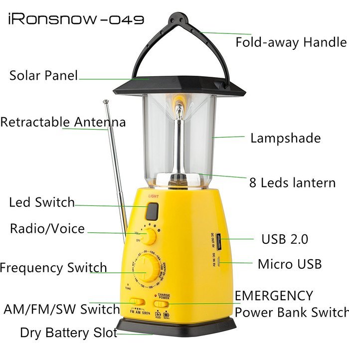 iRonsnow IS-049 Solar Hand Crank Dynamo Emergency LED Camping Lantern Flashlight with FM AM Radio, 500mAh Backup...